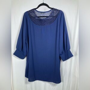 SHEIN Blue Blouse with Crochet Neckline Sz 3XL Business Casual Bold